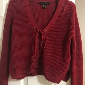 Cropped lace up sweater